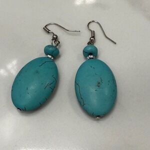 Turquoise Dangle Earrings Silver Tone Bead Accents Boho‎ Chic Jewelry